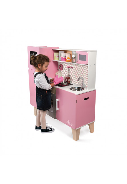 Nagyméretű fa játékkonyha Macaron rózsaszín, kiegészítőkkel és hangokkal 