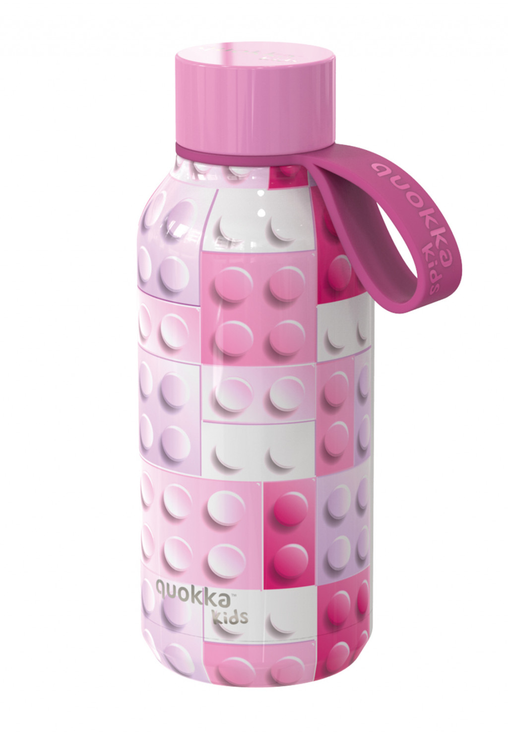 Quokka Solid Kids rozsdamentes acél termopalack hurokkal Pink Bricks 330 ml