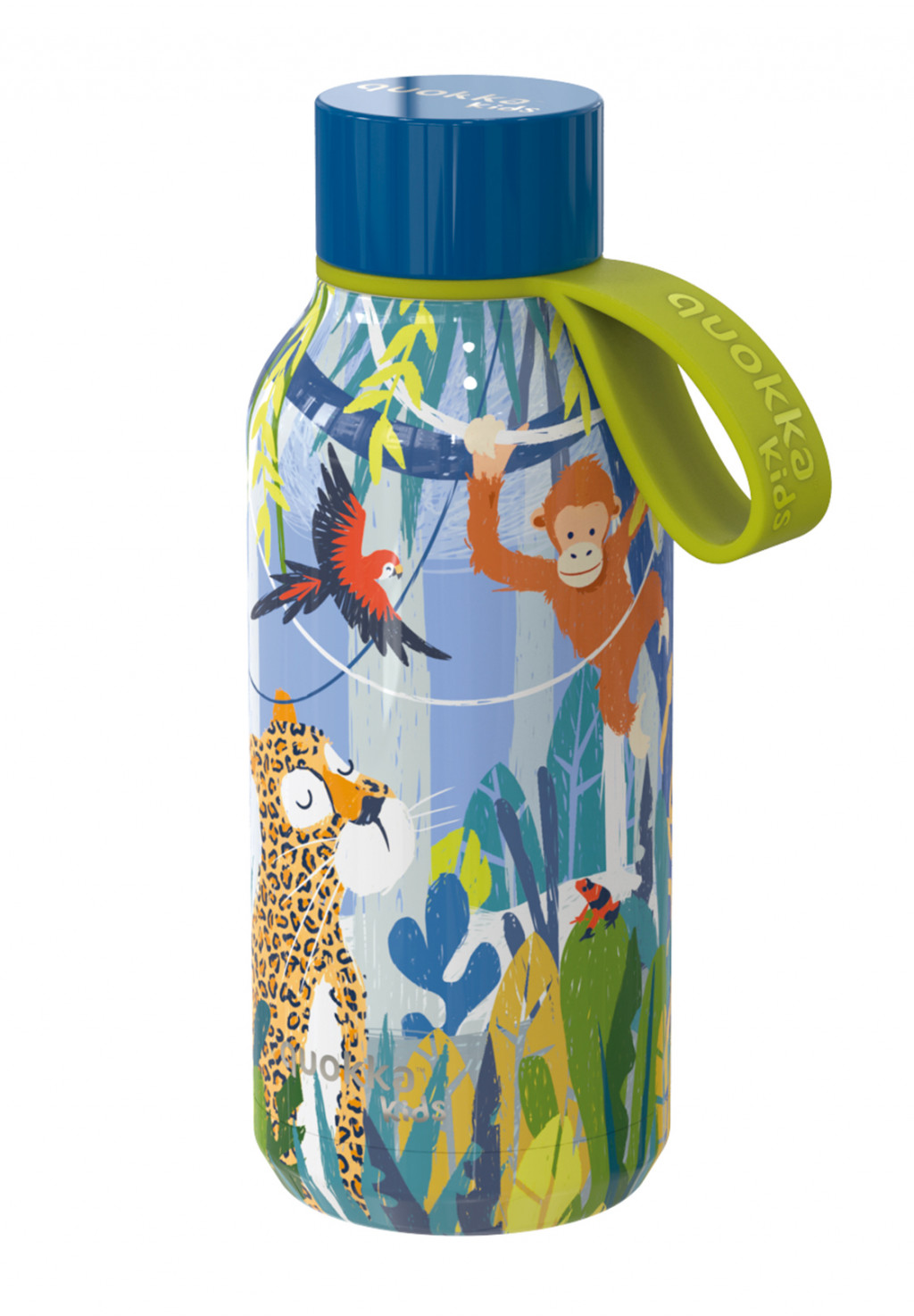 Quokka Solid Kids rozsdamentes acél termopalack Jungle hurokkal 330 ml